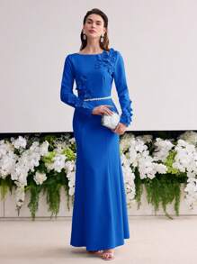 MOTF Soiréza 贴花细节纯色美人鱼下摆长裙（无腰带） - 寶藍色 - 查看 3