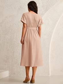MaterniWear Đầm bầu tay ngắn màu trơn đơn giản - Màu Khaki - Xem 2
