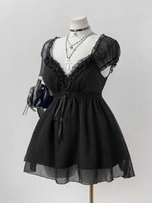 Sunspun Plus Size Women Elegant Solid Color Lace Trim Blouse, Summer - Black - View 2