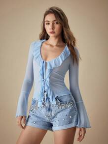 Selenza Rhinestone Embellished Luxury Denim Shorts - Light Wash - View 6