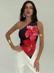 Aloruh 女士优雅简约斜肩褶皱红色花卉印花衬衫，适合度假、海滩、音乐节、晚宴 - 黑色 - 查看 4