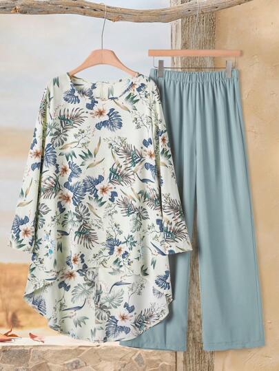 Rusticease Women Tropical Plant Print Long Sleeve Shirt And Pants Casual 2 Pieces Set Women's Vacation Casual Floral Asymmetrical Hem Shirt & Pants 2 Pieces Set Streetwear Women Linen Women Clothes Streetwear Women