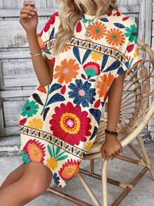 INAWLY 女式度假休闲花卉印花蝙蝠袖连衣裙 - 彩色 - 查看 3
