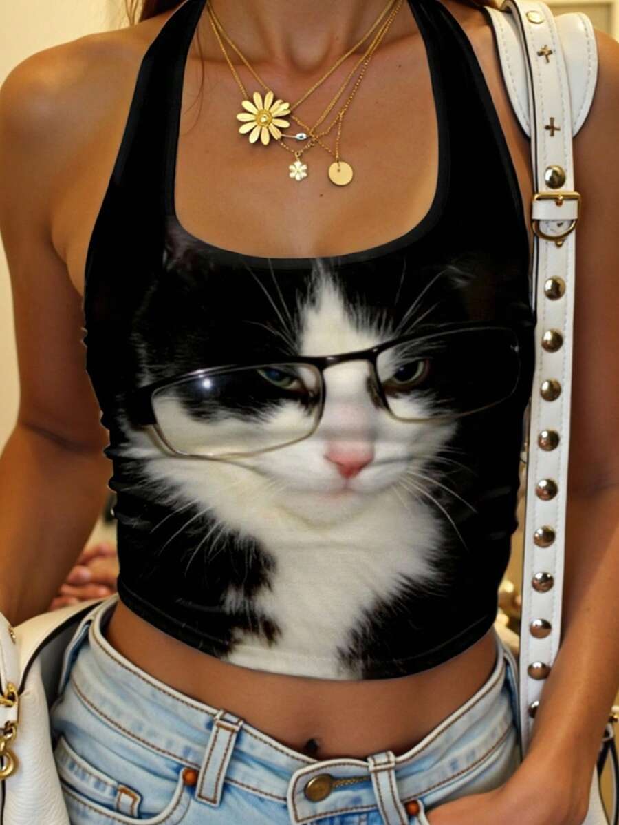 SHEIN EZwear Women's Casual Minimalist Punk Cat Eye Sexy Bodycon Halter Tank Top, Suitable For Summer, Y2K Style Back To School - Multicolor - View 1