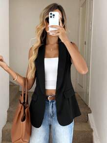 Easowa 秋冬季夏季女式纯色无袖系带前开襟西装外套 - 黑色 - 查看 1