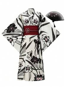 Irokai Japanese Style Printed Kimono Yukata Divided Clothing Set, Suitable For Summer Festivals Japanese Women's Traditional Floral Print Yukata Bowknot Yukata (Modified Japan Style Kimono Robe), Easy Wearing - Black and White - View 1