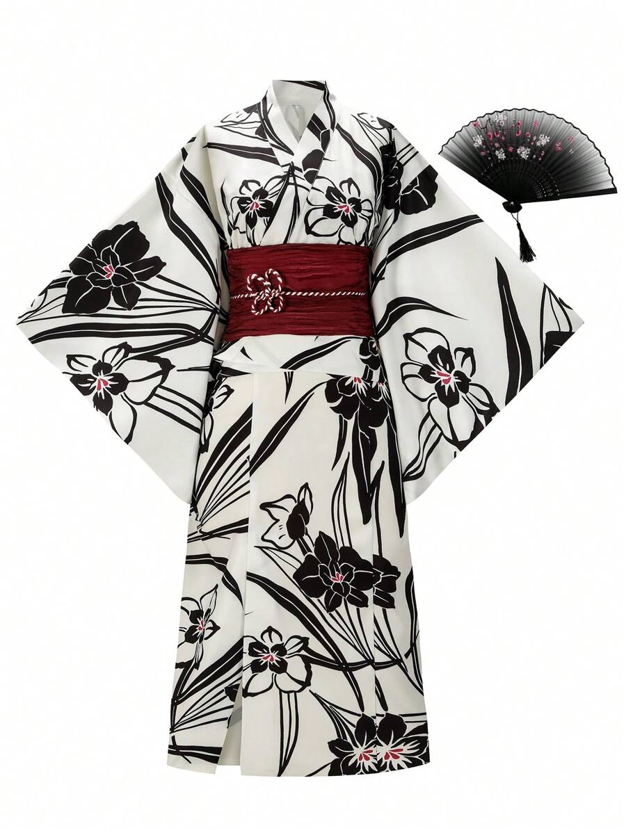 Irokai Japanese Style Printed Kimono Yukata Divided Clothing Set, Suitable For Summer Festivals Japanese Women's Traditional Floral Print Yukata Bowknot Yukata (Modified Japan Style Kimono Robe), Easy Wearing - Black and White - View 1