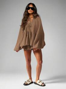MISSGUIDED Cheesecloth Blouse With Floaty Shorts Festival Cottage Core Boho Summer Peasant Balloon Sleeve Ruffle Tiered Bohemian Beach Set - Brown - View 4