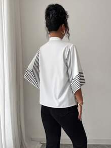 Elenzga Stand Collar Placement Digital Print Geometric Lines Asymmetrical Sleeve Opening French Elegant Shirt, Resort Wear Spring/Summer
