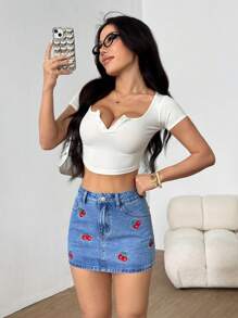 SHEIN Summer Cherry Embroidery Denim Mini Skirt - Light Wash - View 4