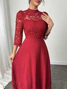 Modelyn Đầm Maxi Tay Dài Thêu Hoa Văn Chắp Vá Cho Nữ - Màu Đỏ Sâu - Xem 6