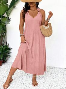SHEIN Frenchy Vestido largo de verano con cuello en V y tiras de hombro con adornos de aro de madera, tela fluida texturizada, vestido de playa de verano de talla grande en colores pastel, vestido largo de playa de verano para mujeres