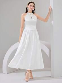 Poshira Women's Elegant Draped Neck Ruched Waist Formal Dress, Cocktail Dress - White - View 4