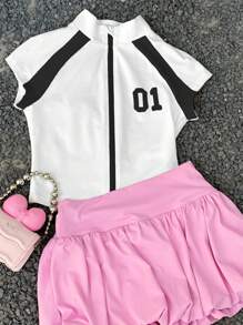 Coolane Kids Tween Girls Spring/Summer Y2k Summer 3 Colors Blocking Slim Fit Short Sleeve T-Shirt With Front Zipper And Stand Collar Fall Winter