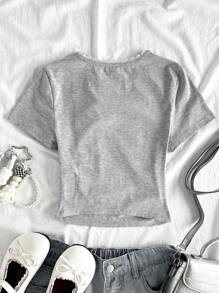 SHEIN Tween Girls' Casual Streetwear Style Fitted Lace Patchwork Round Neck Bow Embroidery Ruffle Short Sleeve Comfortable Stretch Cotton T-Shirt, Floral Gray