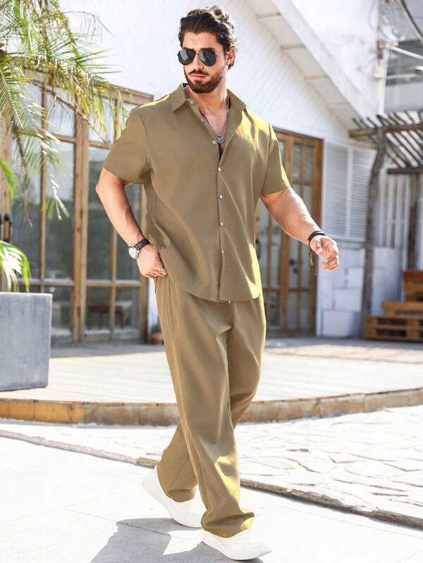Manfinity Homme Set de 2 piezas Camisa de manga corta casual y pantalones de verano de talla grande para hombres con abotonadura sencilla