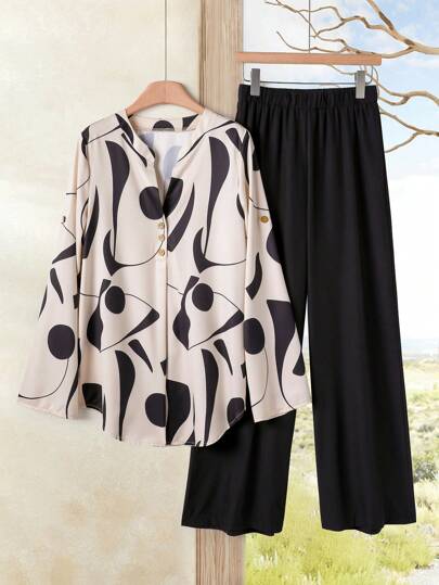 Rusticease 2pcs Women Contrast Color Print Shirt And Pants Set Old Money Style Women  Business Casual Woman Blouse And Pants Set Shirt Sets For Women Ladies Casual Sets Two Piece Pants Set Women