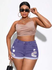 SHEIN SXY Quần short denim thường ngày đa năng có túi rách cỡ lớn cho nữ - Màu tím - Xem 3