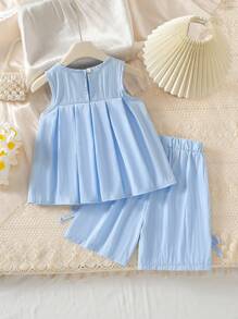 SHEIN Elladie kids 2 件套年轻女孩韩版甜美装，蝴蝶结装饰 A 字形荷叶边连衣裙上衣 + 宽松阔腿短裤，夏季 - 藍色 - 查看 2