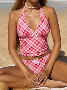Swim Mod Plaid Print Sweet & Elegant Tankini Swimsuit Set For Summer Beach Vacation - Multicolor - View 5