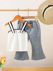 2 Peças Conjunto de Top e Calça com Estampa de Laço Fofo de Verão para Menina Bebê, Listrado Azul e Branco Combinando com a Família, Roupas Casuais para Férias ao Ar Livre para Menina Bebê - Multicolorido - Visão 2