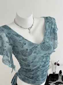 Elamini Women's Sexy & Fashion Mesh Paisley Pattern Side Drawstring Ruffle Trim Short Sleeve T-Shirt For Summer - Green - View 1