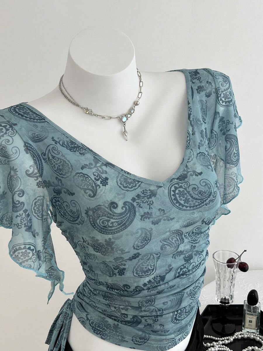 Elamini Women's Sexy & Fashion Mesh Paisley Pattern Side Drawstring Ruffle Trim Short Sleeve T-Shirt For Summer - Green - View 1