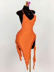 Amplova Deep V-Neck Ruffled Asymmetrical Hem Flounce Tied Bodycon Halter Dress Orange Dress Summer Dress Vacation Dress Orange Ruffle Dress,Party Dresses For Women - Burnt Orange - View 7