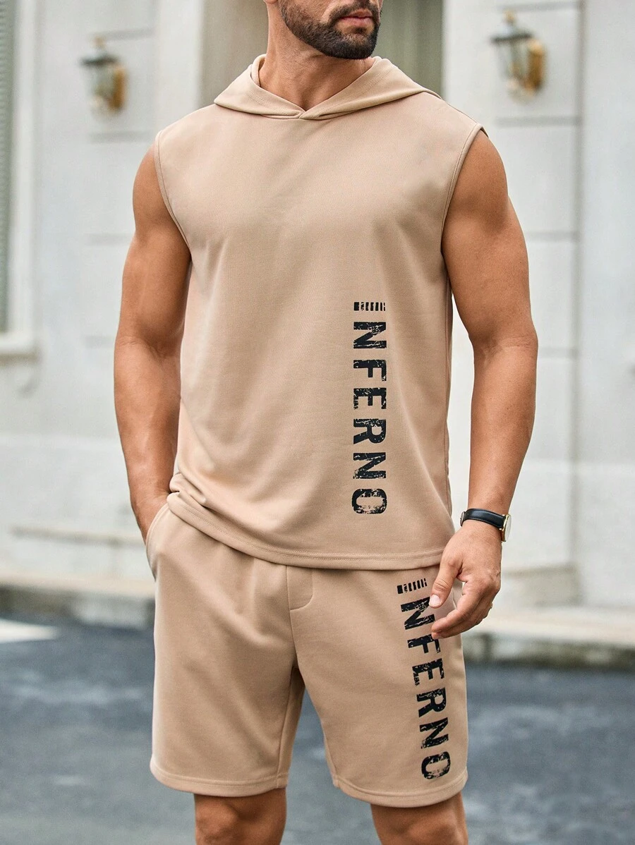 Manfinity VCAY 2pcs/Set Men's Casual Letter Print Fitted Hooded Tank Top Set