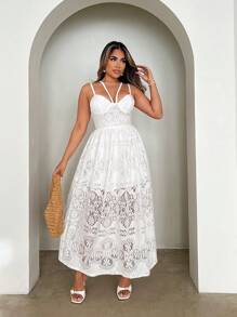 Xyvia Váy ren hoa thanh lịch cho nữ có dây đeo mảnh - trắng - Xem 1