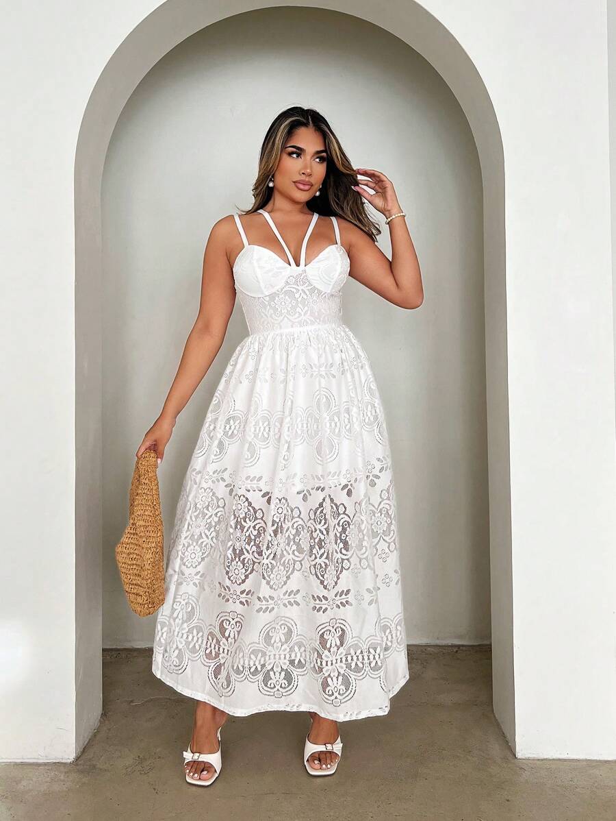 Xyvia Váy ren hoa thanh lịch cho nữ có dây đeo mảnh - trắng - Xem 1