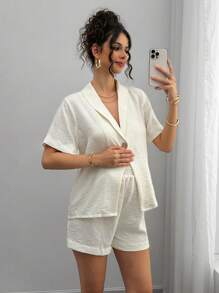 Momance 2pcs Casual Maternity Solid Color Shawl Collar Short Sleeve Shirt And Shorts Set - Beige - View 5