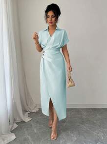 Elenzga 女士素色简约日常短袖连衣裙