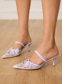 CUCCOO HITCHD 女士紫色蕾丝和水晶刺绣尖头露跟细高跟鞋优雅浪漫甜美新娘/伴娘婚礼派对晚会高跟鞋夏季穆勒鞋 - 淡紫色 - 查看 3