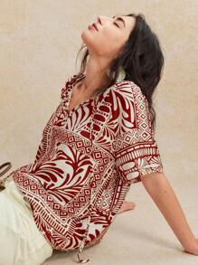 Écloséra 复古法式热带植物印花粘胶亚麻混纺女士系带衬衫