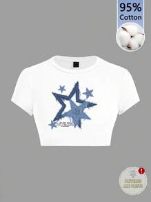 Tseoso 休闲简约紧身短款蓝色复古星星印花图案圆领棉质 T 恤，适合夏季、Y2K、复古、适合春假、返校季、复古 - 白色 - 查看 7