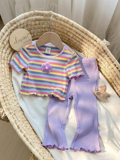 SHEIN Babygirl Cute Summer Casual Versatile Knitted Colorful Striped Short Sleeve Top & Elastic Waist Pants Set