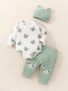 SHEIN Newborn Baby Cartoon Bear Print Long Sleeve Bodysuit With Hat, 3 Piece Set Fall Winter