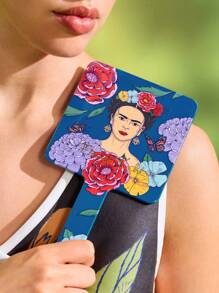 Frida Kahlo X SHEIN 1 pieza Espejo de mano cuadrado con gráficos de figuras e impresiones florales, apto para uso en el hogar, oficina y viajes, ligero, de alta definición, artístico y elegante
