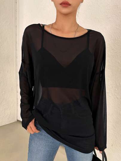 DAZY Women's Solid Color Round Neck Long Sleeve Loose Mesh Sheer Blouse Y2k