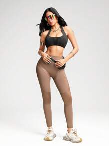 Innovista 金属闪光健身运动紧身裤高腰 V 腰提臀日常运动休闲瑜伽 HIIT 训练办公室健身房高弹力紧身裤运动裤舒适运动功能网眼面板透气镂空深蹲防走光裤 - 卡其色 - 查看 10