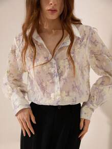Zanirela Gold Embroidered Jacquard Elegant Long Sleeve Shirt For Commute Fall Cloth For Women - Purple - View 2