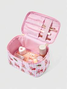 Strawberry Shortcake | ROMWE Women's Cute Cartoon Pattern Padded Bow Handheld Portable Cosmetic Bag - Pink - View 5
