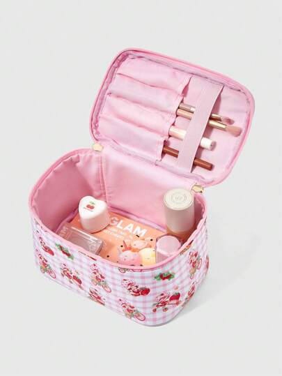 Women's Cute Cartoon Pattern Padded Bow Handheld Portable Cosmetic Bag