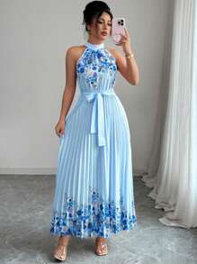 Elenzga 女式夏季优雅花卉宽松露背连衣裙 - 藍色 - 查看 7