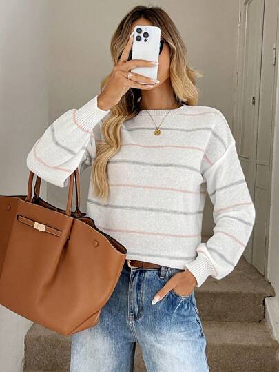 Easowa Jersey casual de cuello redondo con puños de bloque de color y rayas finas para mujer, otoño/invierno