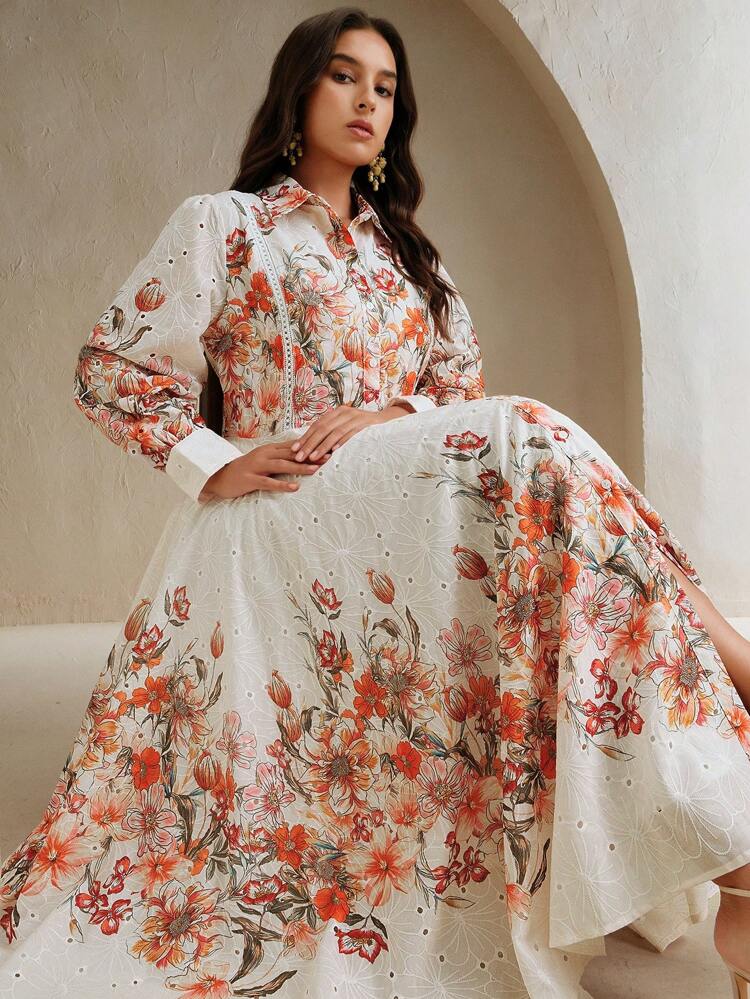 Plus Size Embroidered Floral Print Shirt Dress, Flowy Long Dress, Suitable For Spring, Vacation, Festival, Easter