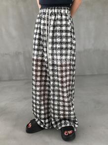 FRIFUL Pantalones de pierna ancha con estampado a cuadros en contraste y cordón ajustable en la cintura para mujer