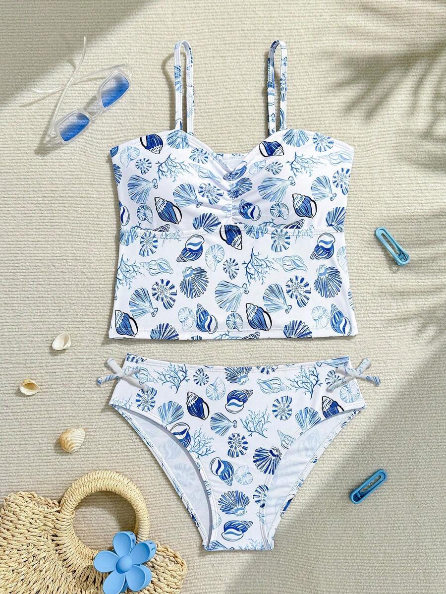 Tween Girls' Shell & Conch Pattern Printed Spaghetti Strap Bikini, Casual Beach, Pool, Party & Holiday Wear, Spring/Summer