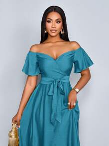 SOLERSUN 女士优雅露肩修身度假连衣裙，适合度假、日常生活和约会 - 水鴨藍 - 查看 7